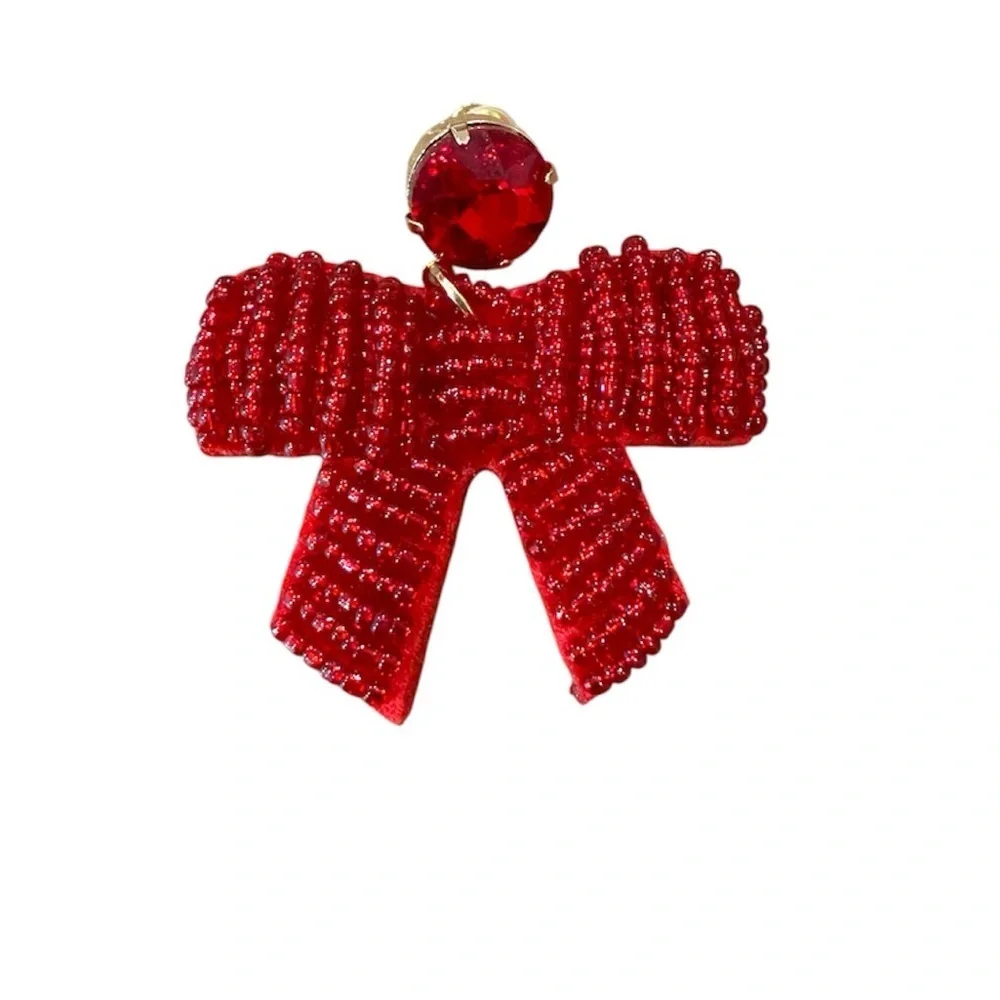 Holiday Lane Drop Earrings Beaded Bow Glass Bead Crystal Red 2 Inches NWT